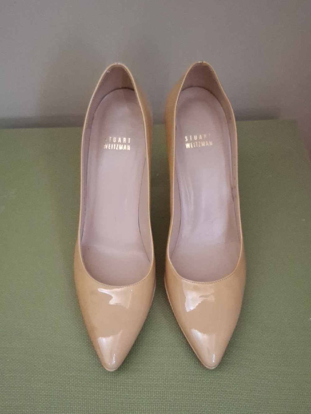 Stuart Weitzman Beige Patent Pointed-Toe Pumps_1